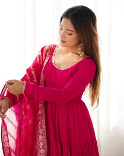 Burgundy Pink Pure Soft Roman Silk Kalamkari Anarkali Gown