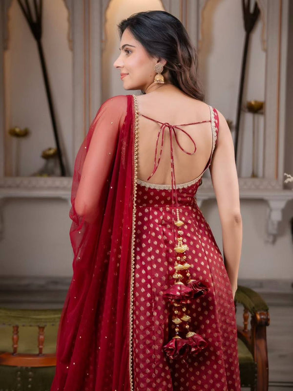 Sunshine Maroon Jacquard Anarkali Suit Set with Dupatta