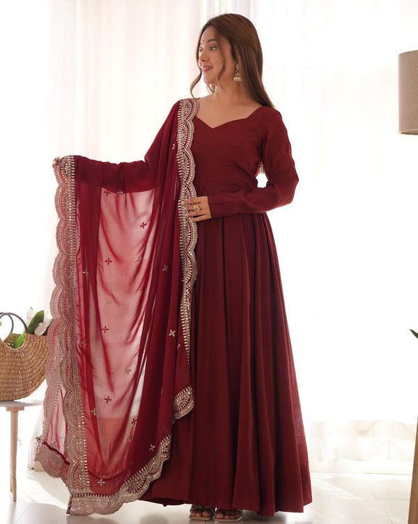 Divine Maroon Colored Heavy Roman Silk Chanderi Anarkali Gown