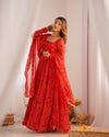 Bandhej Red Soft Chiffon Forest Designer Anarkali Gown