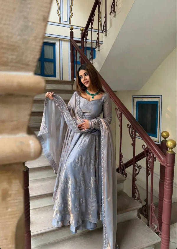 Siya Grey Fancy Embroidered Anarkali Suit Set