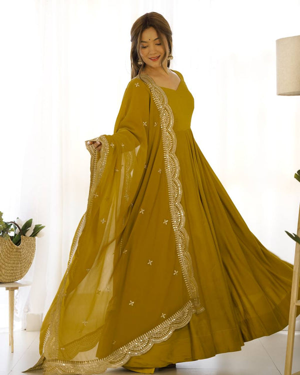Divine Mustured Colored Heavy Roman Silk Chanderi Anarkali Gown