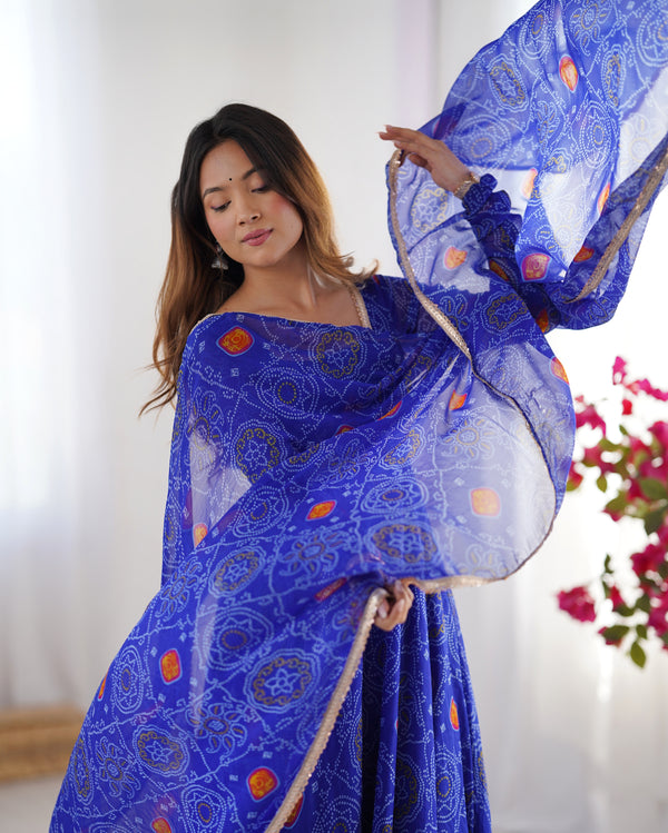 Bandhej Blue Soft Chiffon Forest Designer Anarkali Gown