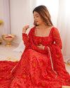 Bandhej Red Soft Chiffon Forest Designer Anarkali Gown