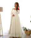 Divine Off White Colored Heavy Roman Silk Chanderi Anarkali Gown