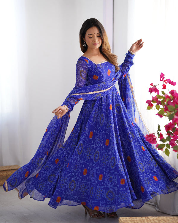 Bandhej Blue Soft Chiffon Forest Designer Anarkali Gown
