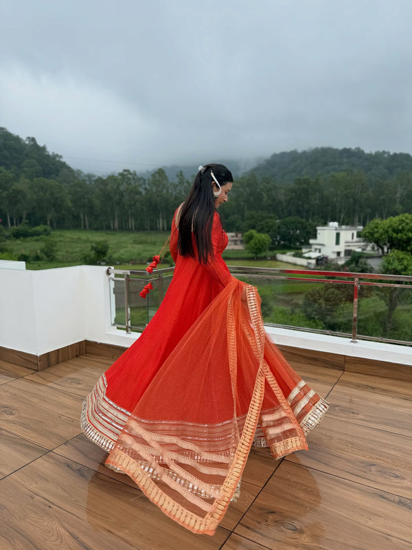 Red Designer Anarkali Suit Set with Embroidered Border & Dupatta