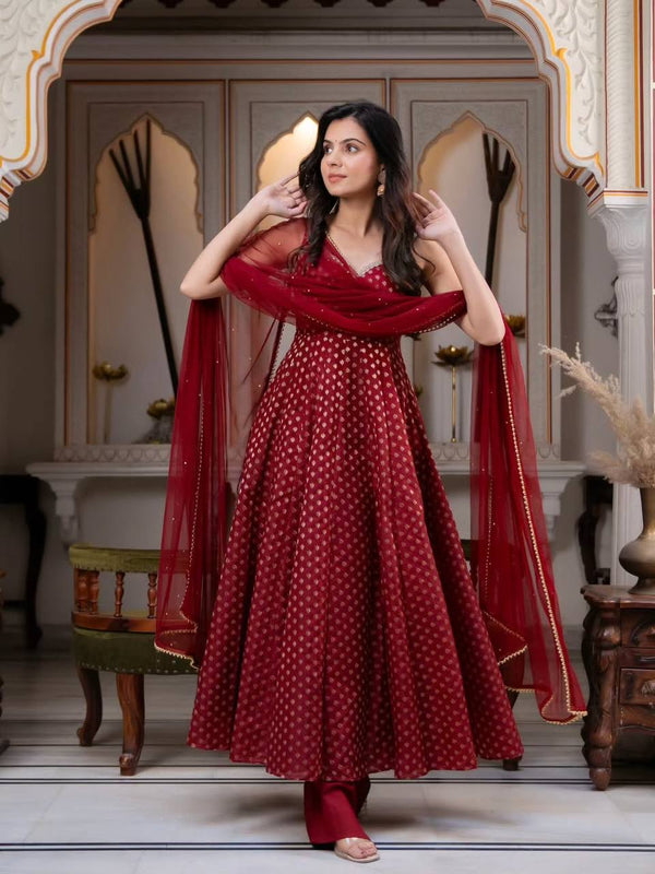 Sunshine Maroon Jacquard Anarkali Suit Set with Dupatta