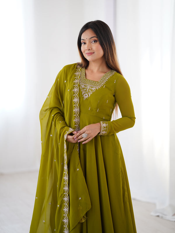 Suri Mahendi Green Embroidery Pure Georgette Anarkali Gown