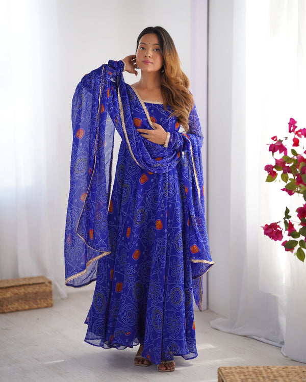 Bandhej Blue Soft Chiffon Forest Designer Anarkali Gown