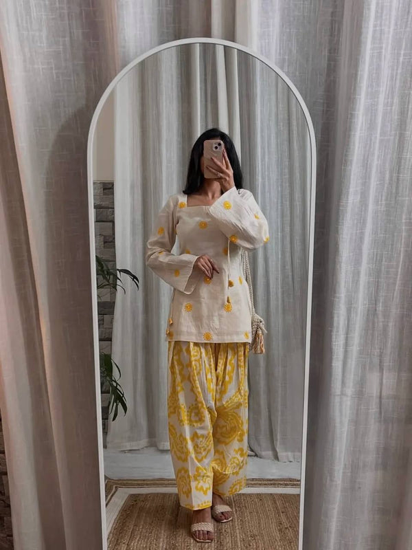 Sunshine Yellow Floral Kurta Co-Ord Set for Women