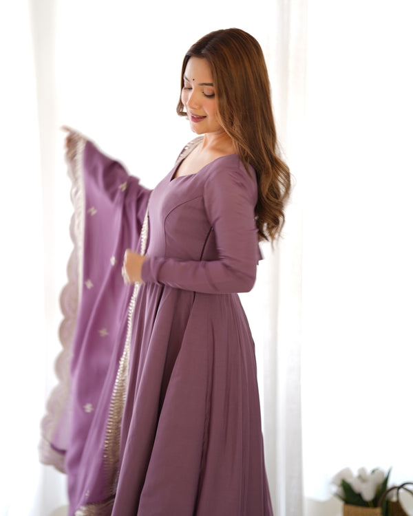 Divine Wine Colored Heavy Roman Silk Chanderi Anarkali Gown