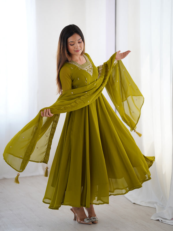 Suri Mahendi Green Embroidery Pure Georgette Anarkali Gown