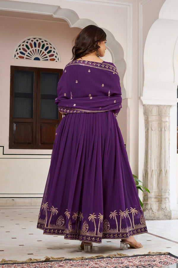 Beach Purple Faux Georgette Embroidered Suit Set