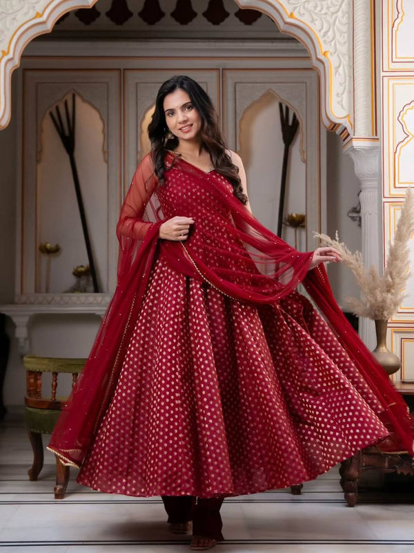 Sunshine Maroon Jacquard Anarkali Suit Set with Dupatta
