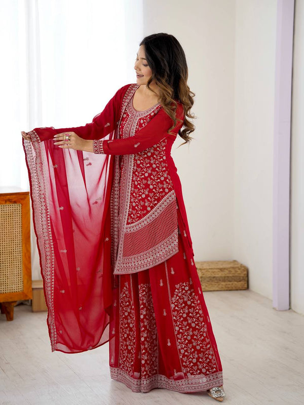 Red Fancy Faux Georgette Embroidered Suit Set