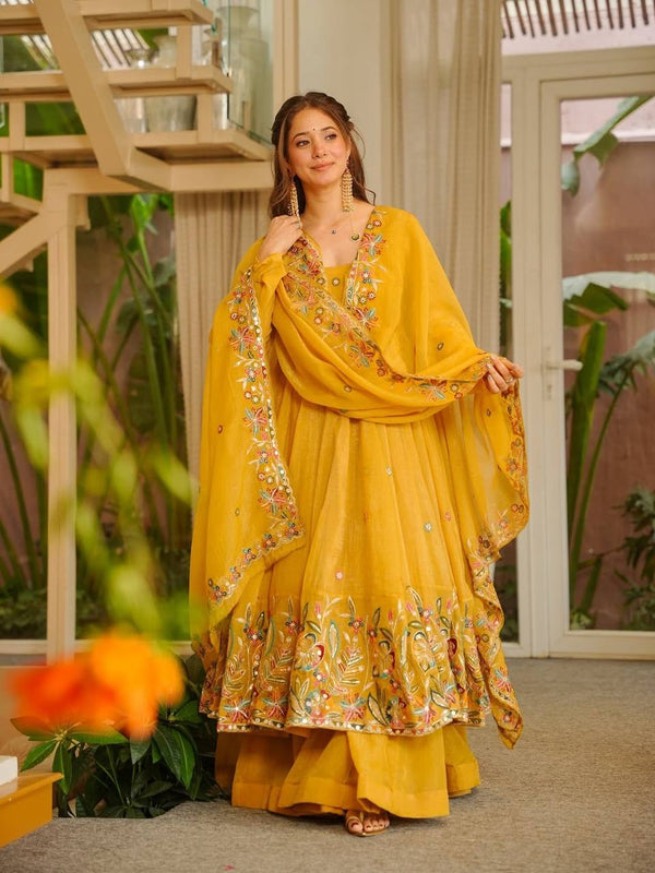 Nilam yellow Embroidered Anarkali Suit Set