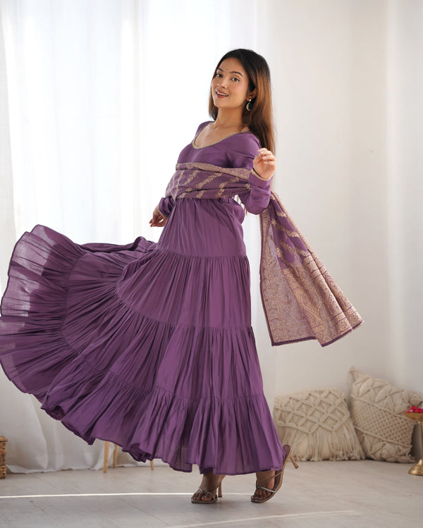 Burgundy Purple Pure Soft Roman Silk Kalamkari Anarkali Gown