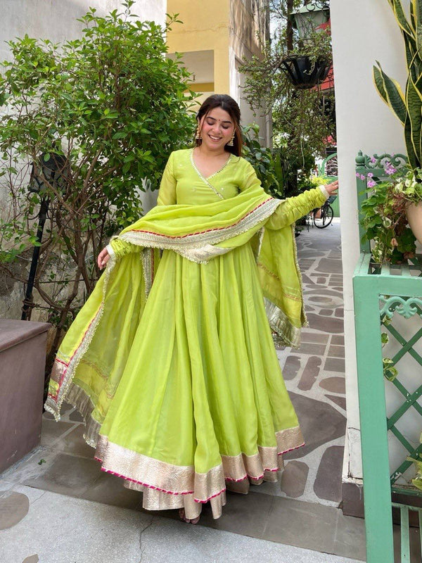 Lime Green Flared Anarkali Suit Set with Dupatta