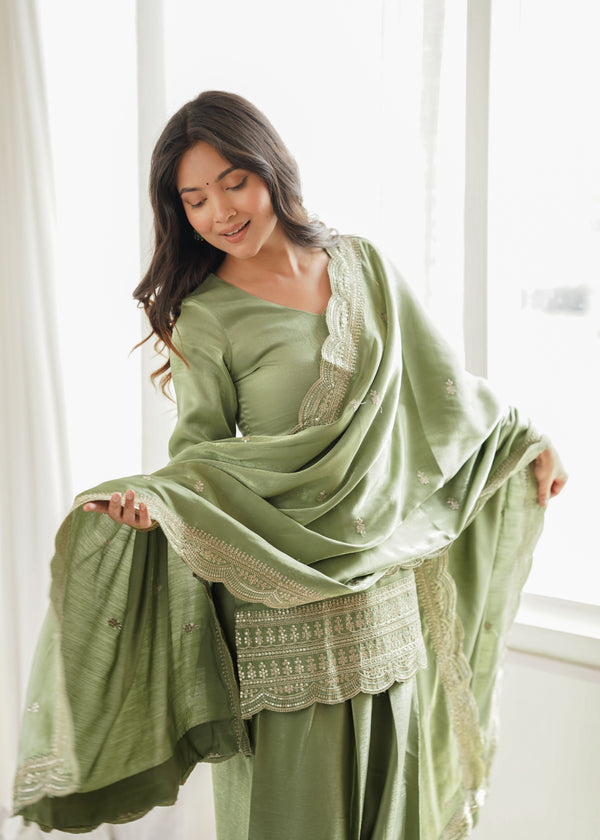 Sage Green Embroidered Kurta Set with Dupatta & Patiala Pants