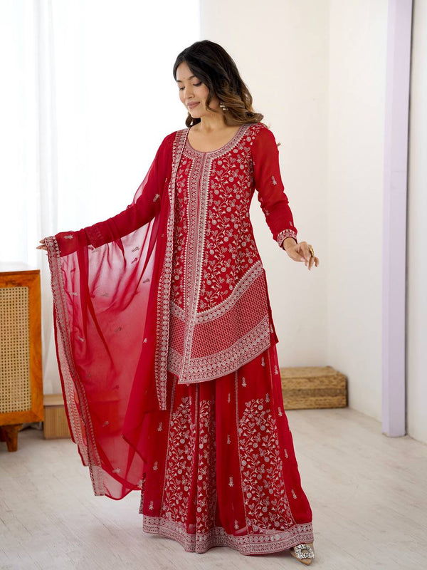 Red Fancy Faux Georgette Embroidered Suit Set