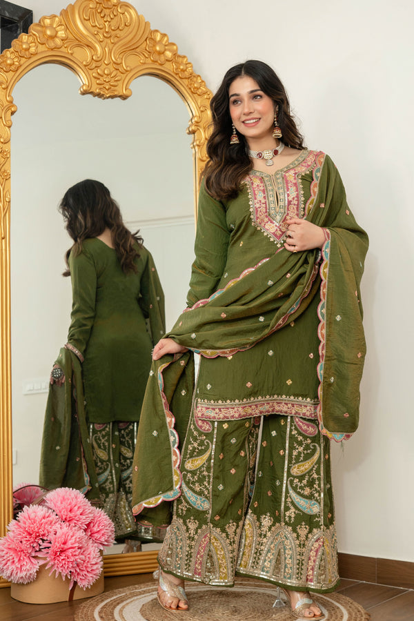 Zehra Green Embroidered Kurta Palazzo Dupatta Suit Set