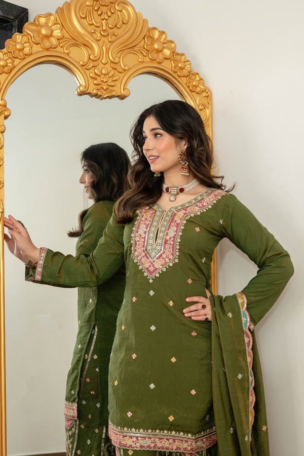 Zehra Green Embroidered Kurta Palazzo Dupatta Suit Set