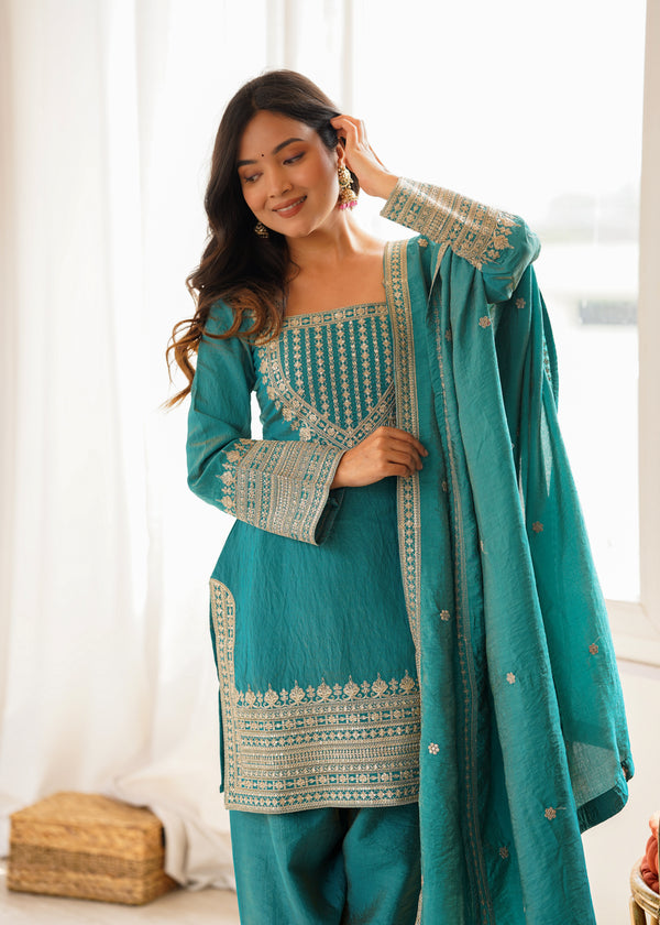 Traditional Sage Embroidered Punjabi Suit Set
