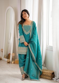 Traditional Sage Embroidered Punjabi Suit Set