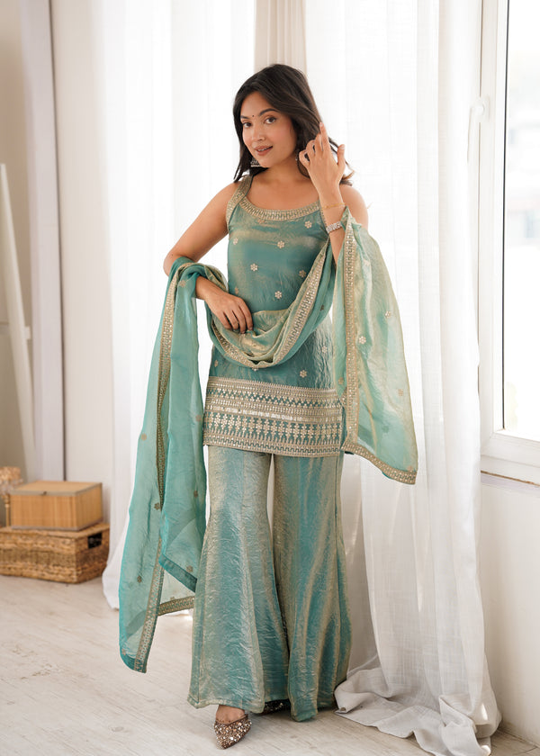 Aafreen Pink and Green Embroidered Kurta Sharara Set with Dupatta