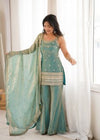 Aafreen Pink and Green Embroidered Kurta Sharara Set with Dupatta