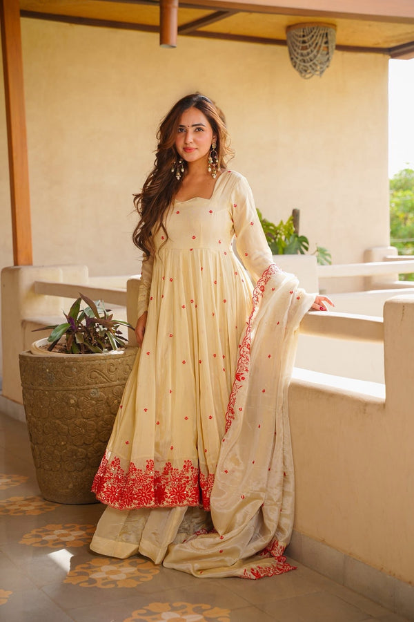 Traditional Cream Floral Border Anarkali Suit with Dupatta