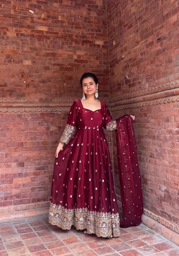 Zareena Maroon Anarkali Suit Set