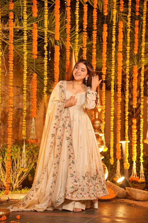 Aarini Cream Embroidered Anarkali Suit Set