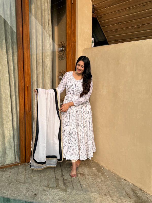 Classic Ivory Floral Anarkali with Dupatta