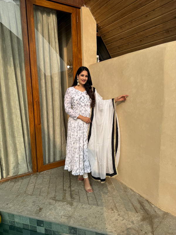 Classic Ivory Floral Anarkali with Dupatta