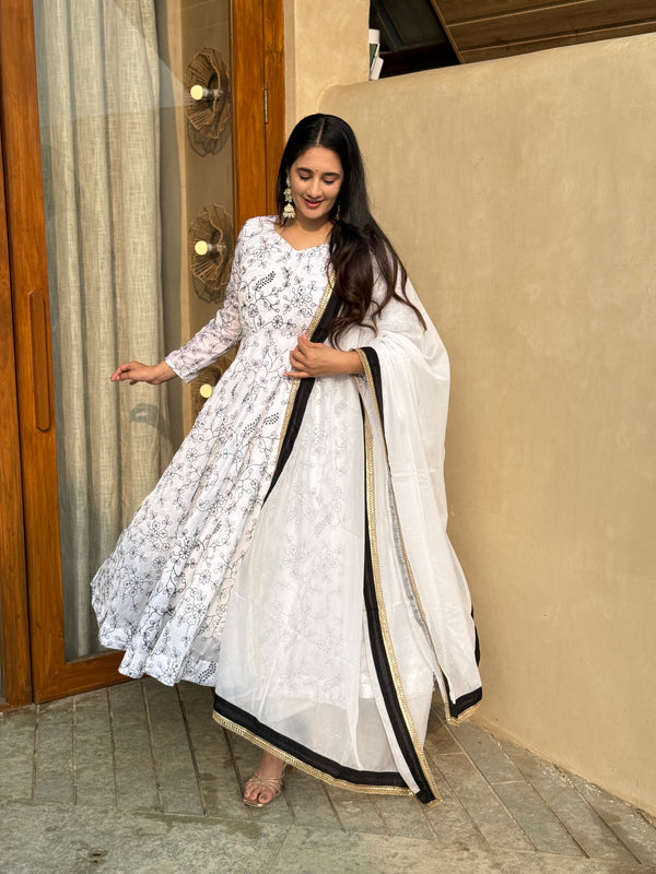 Classic Ivory Floral Anarkali with Dupatta