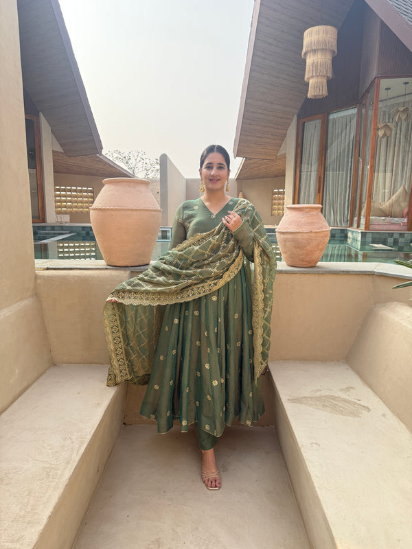Niva Elegant Olive Green Designer Anarkali Suit Set