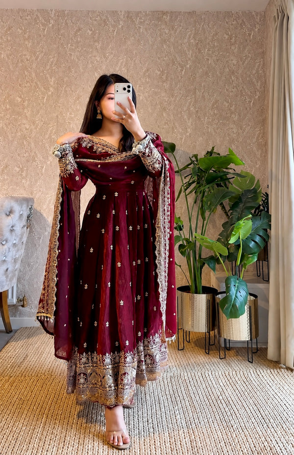 Diya Maroon Embroidered Anarkali Suit Set with Dupatta