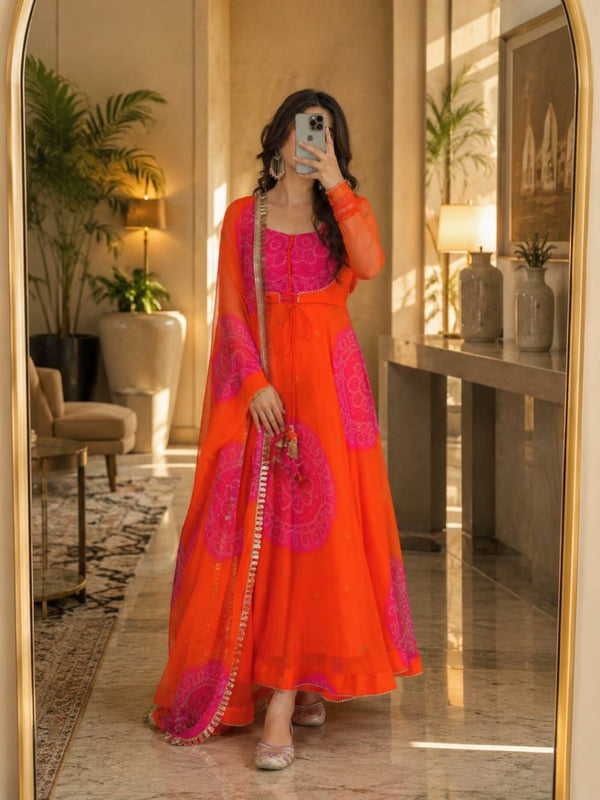 Graceful Purple And OrangeFlared Ethnic Suit Set