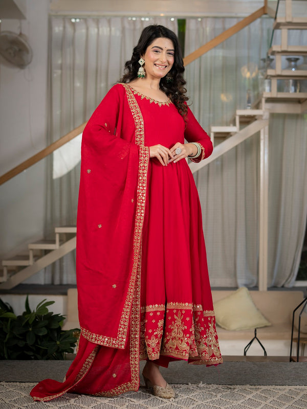 Royal Red Embroidered Anarkali Suit Set with Dupatta
