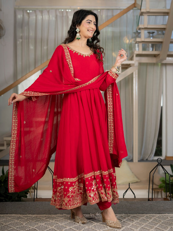 Royal Red Embroidered Anarkali Suit Set with Dupatta