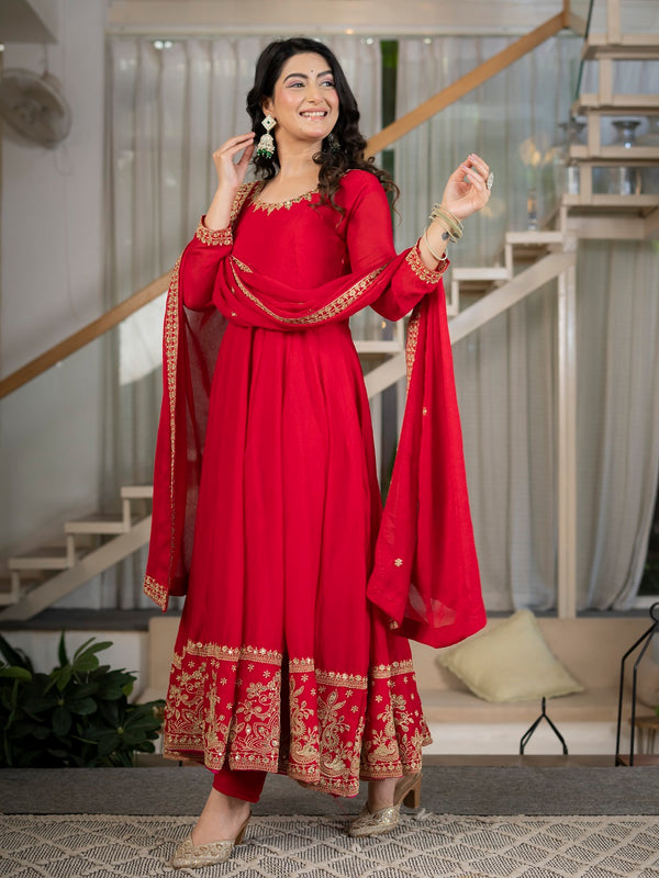 Royal Red Embroidered Anarkali Suit Set with Dupatta