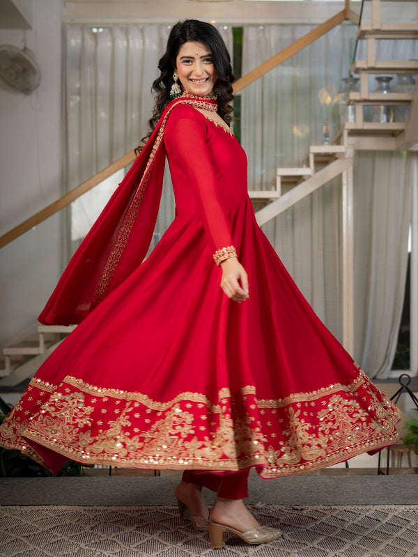 Royal Red Embroidered Anarkali Suit Set with Dupatta