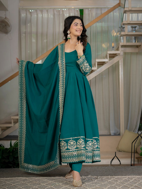 Traditional Rama Anarkali Gown with Heavy Embroidery