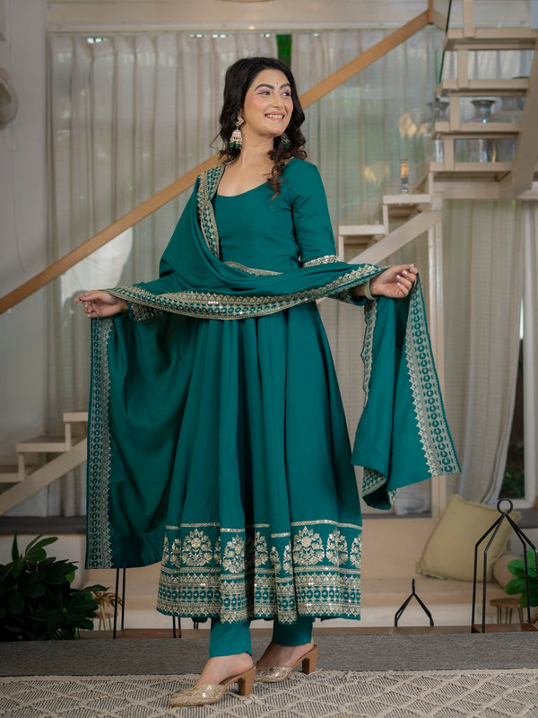 Traditional Rama Anarkali Gown with Heavy Embroidery