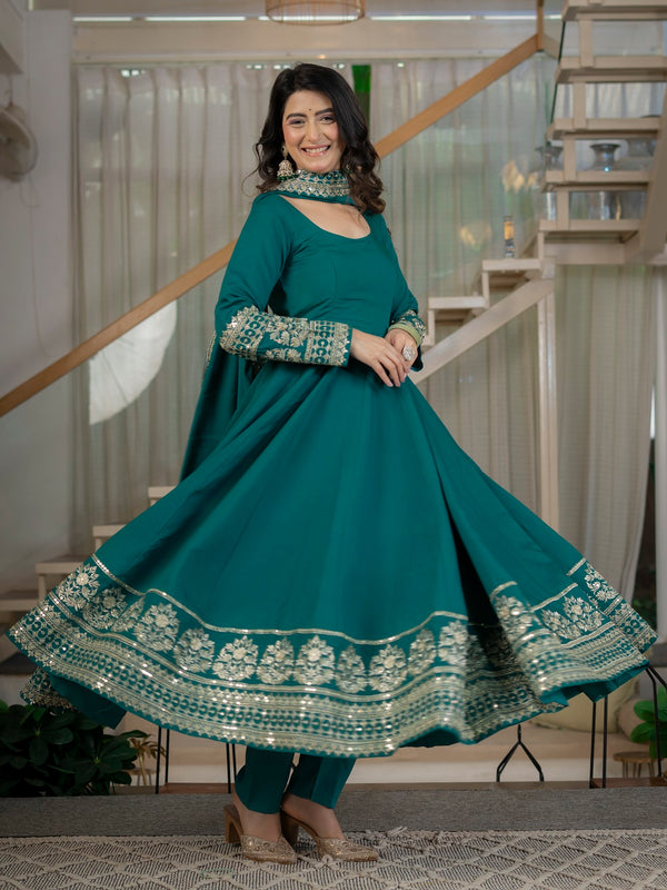 Traditional Rama Anarkali Gown with Heavy Embroidery