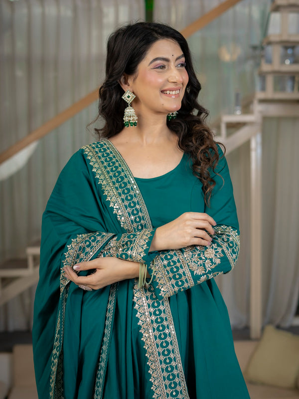 Traditional Rama Anarkali Gown with Heavy Embroidery