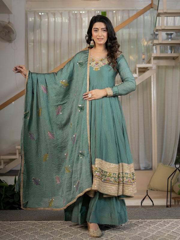 Designer Teal Anarkali Suit Set with Rich Border & Neck Embroidery