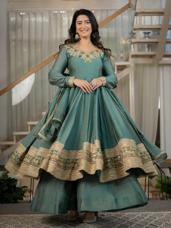Designer Teal Anarkali Suit Set with Rich Border & Neck Embroidery